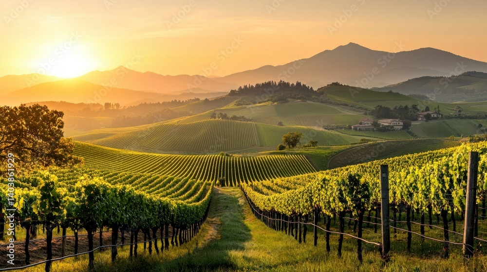 Obraz premium Rolling hills of vineyards bathed in warm sunset light