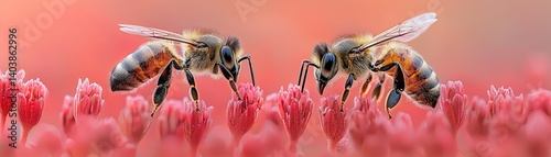 Two bees pollinate flowers amongst vibrant red and pink colors