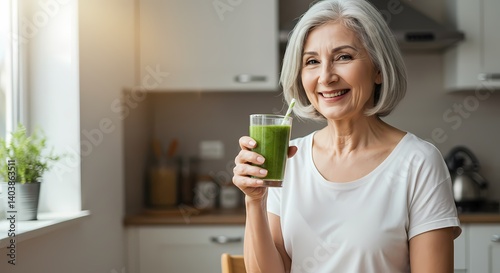 Happy Senior Woman Drinking Green Smoothie