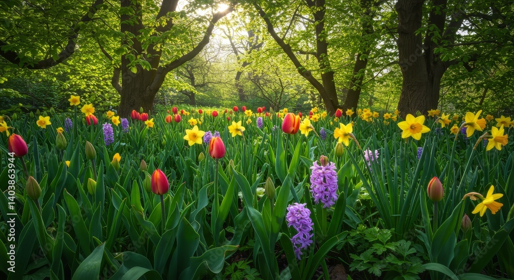 Fototapeta premium Spring Blossoms in the Woods - Vibrant tulips, daffodils, and hyacinths bloom in a sun-dappled forest clearing. A tranquil springtime scene