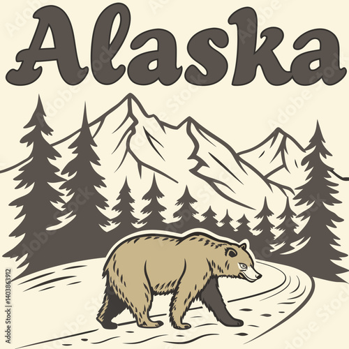 Alaska Brown Bear Mountain Pine Forest Retro Style Travel Art Illustration