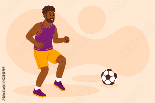African man warming up with football. Concept of fitness, sports training, and healthy lifestyle. Flat vector illustration.