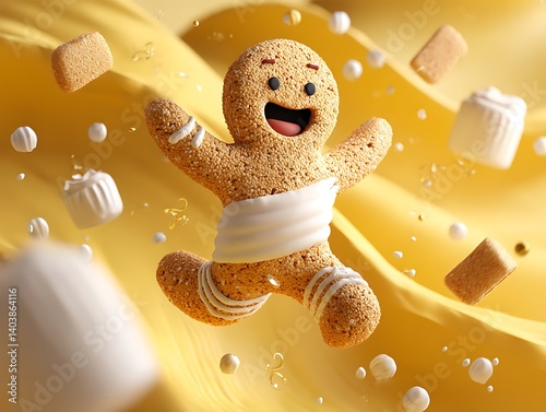 Gingerbread Man Jumping with Sweet Treat.