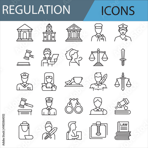 Legal Icons Set Including Court, Law, Money, and Compliance