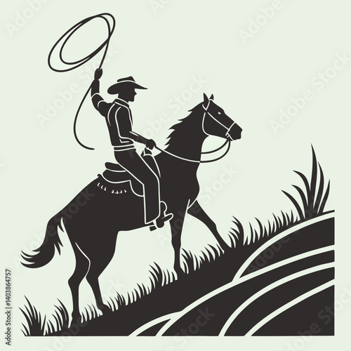 Vintage Western Cowboy Horse Lasso Silhouette Vector Graphic Hill Grass Art