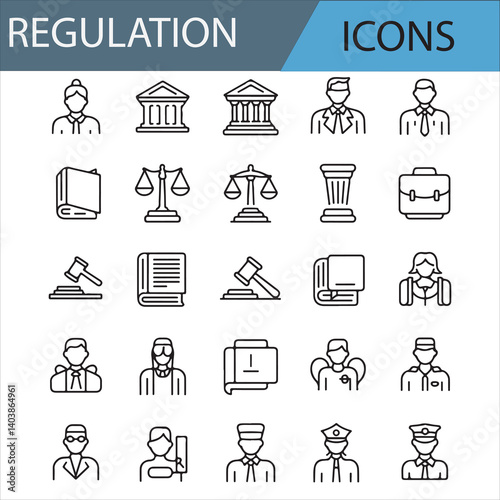 Line Art Icons for Law, Justice, and Regulatory Concepts