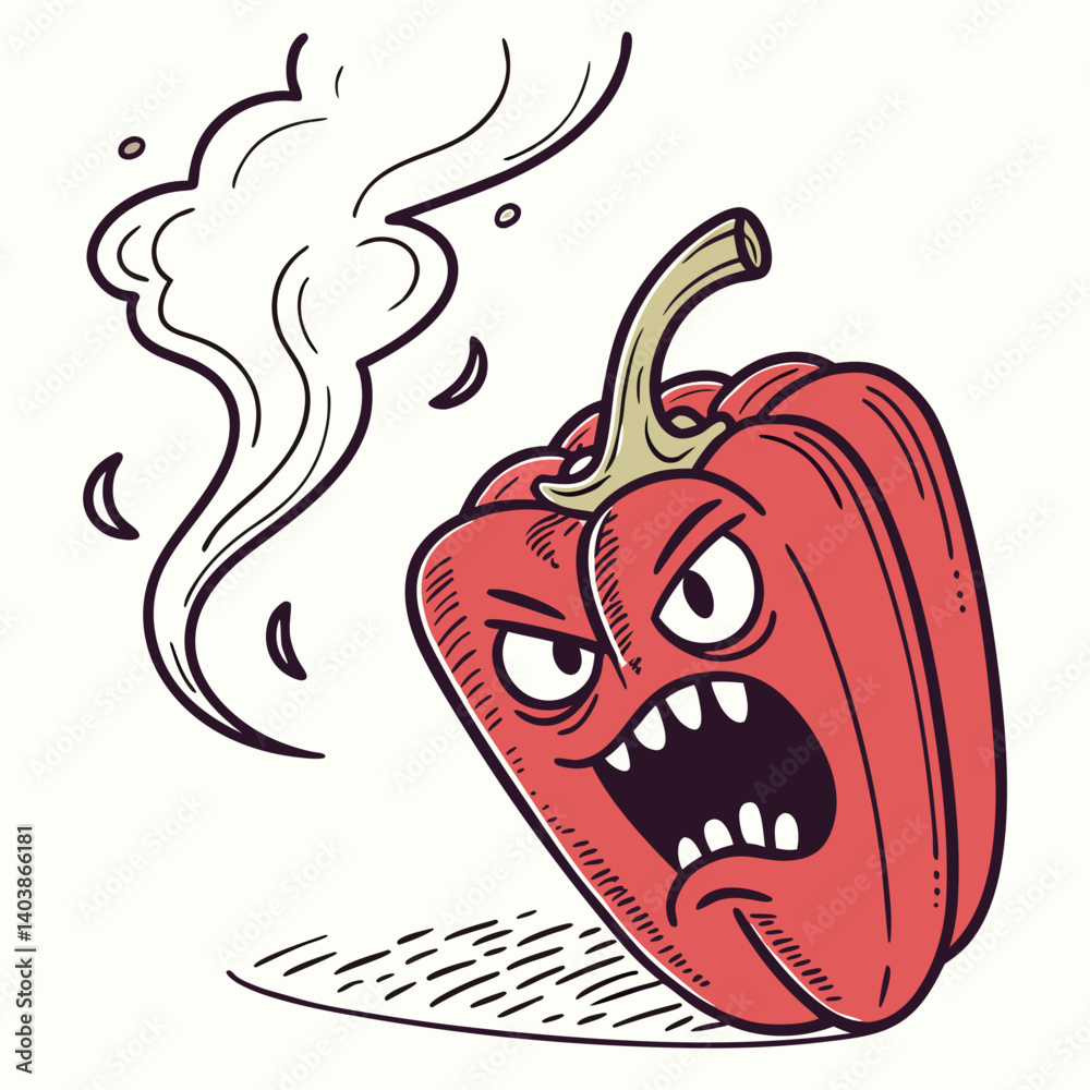 Spicy Red Pepper Steaming with Heat and Fiery Face – Bold and Fun Cartoon Vegetable Vector Spicy Red Pepper Steaming with Heat and Fiery Face – Bold and Fun Cartoon Vegetable Vector