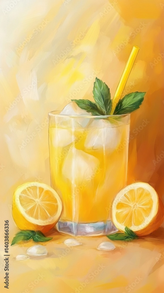 Fototapeta premium Refreshing Lemonade Still Life Painting with Ice Cubes Mint and Straw in a Glass on Yellow Background