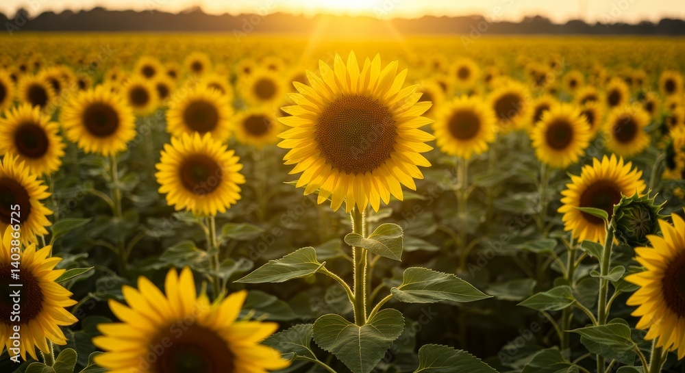 Obraz premium Sunlit Sunflower Field at Sunset - A breathtaking view of a vast sunflower field bathed in the golden light of sunset. Tall sunflowers reach towards the sun, creating a stunning natural scene