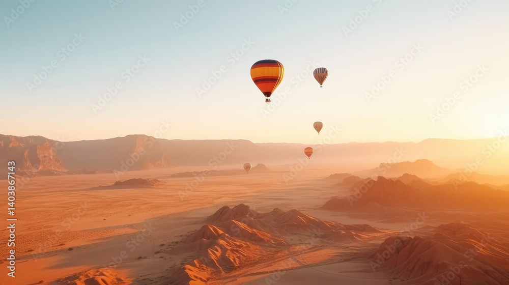Fototapeta premium Hot Air Balloons Soaring Over Wadi Rum Desert at Sunrise