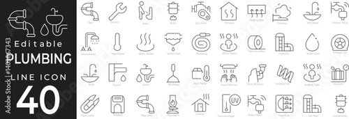 Plumbing and heating service icon set in line style. Includes symbols for water pipes, faucet, pump, radiator, maintenance, bathroom tools, and home repair services. Editable stroke.
