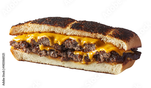 Toasted cheeseburger melt with beef, cheddar and caramelized onions photo