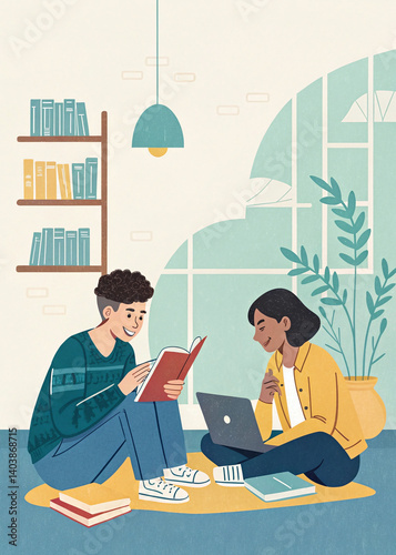 Minimal poster design showing students in a collaborative learning setup, symbolizing peer mentoring. Clean center space, soft colors, and educational icons for adding custom text or titles.
