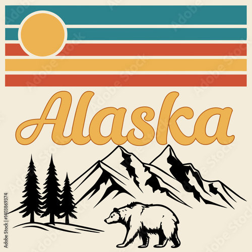 Vintage Alaska Travel Poster Art Bear Mountains Pine Trees Retro Sunset Landscape