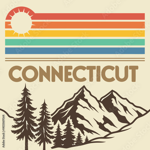 Vintage Retro Connecticut Mountain Travel Poster Pine Trees Sun Illustration