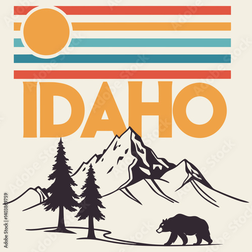 Idaho State Mountain Bear and Trees Retro Graphic Illustration