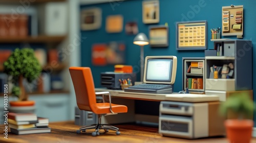 Retro office workspace with vintage computer and orange chair in cozy environment. Diorama.