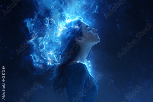 A serene woman is engulfed in ethereal blue flames against a dramatic night sky. Ethereal Star Goddess. Illustration.