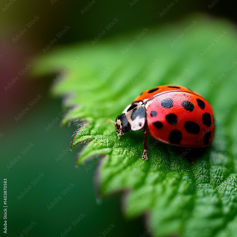 Fototapeta premium Colorful ladybug resting on a green leaf in nature