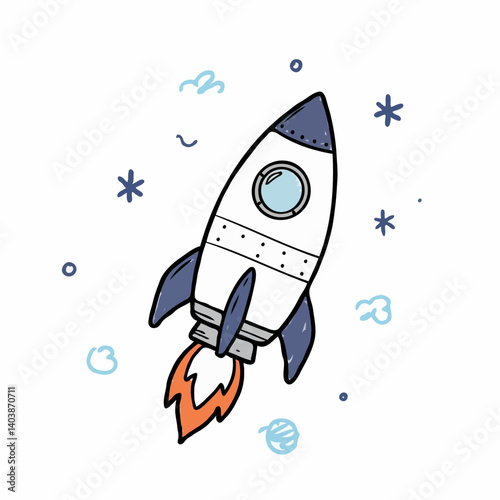 Rocket flying in space with stars and clouds