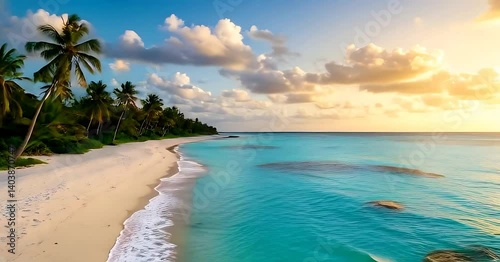 Waves Rolling on Tropical Beach at Sunset with Palm Trees