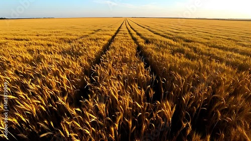 Flying Over Golden Wheat Field with Tractor Tracks in Rural Setting