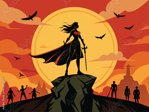 Silhouette of a female warrior standing tall on a cliff edge, cape flowing in the wind, body marked with battle scars