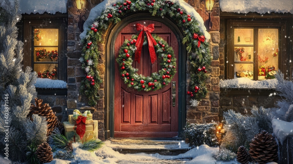 Obraz premium A beautiful winter scene shows a decorated Christmas house entrance