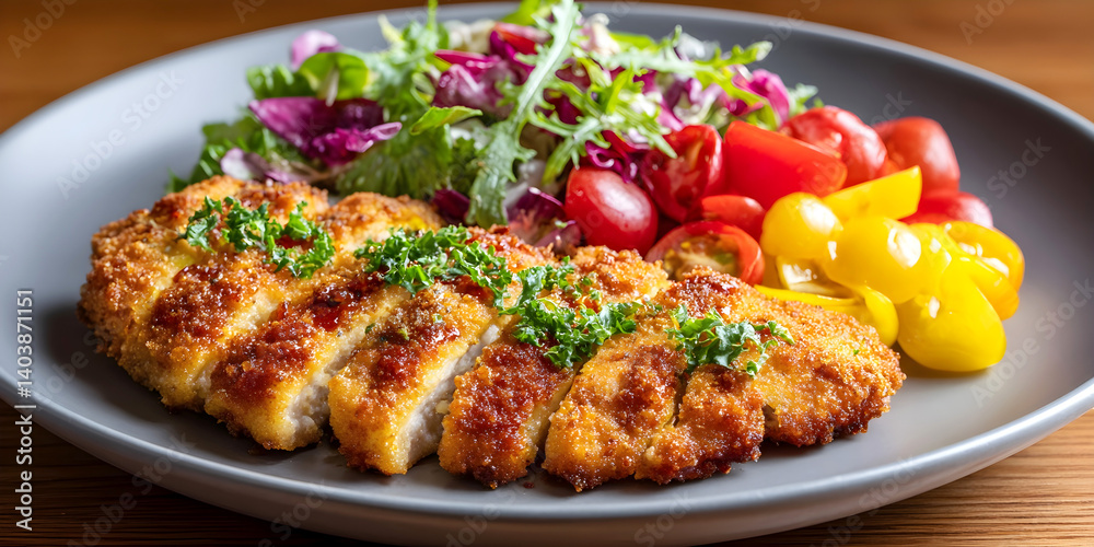 Crispy breaded chicken cutlet served with fresh mixed salad and colorful cherry tomatoes. Close-up Crispy breaded chicken cutlet served with fresh mixed salad and colorful cherry tomatoes. Close-up