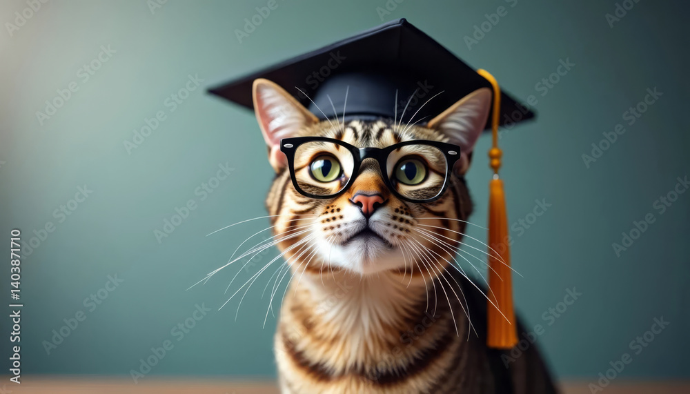 Portrait of a bengal cat wearing glasses and a graduation cap. Education concept.