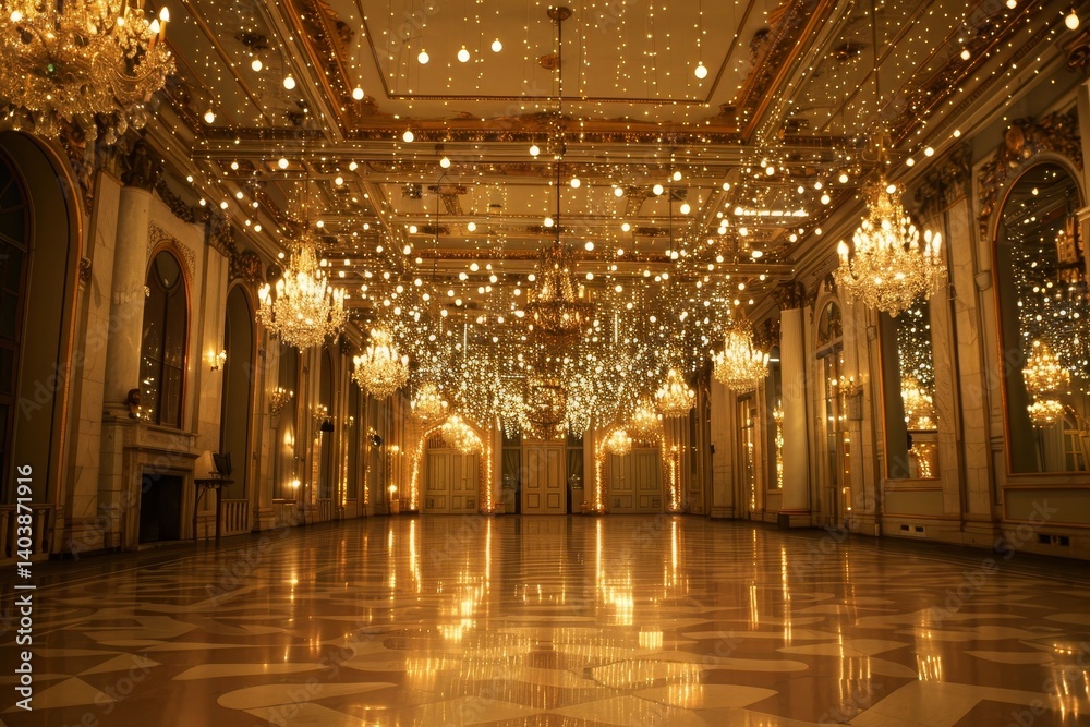 Obraz premium A large, ornate ballroom decorated with twinkling lights, perfect for a special occasion, A grand ballroom adorned with twinkling lights