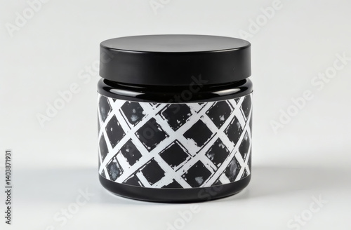 Black and white jar of cream with a geometric print, unisex style, isolated on light background, mock up product
