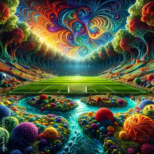 A vibrant, surreal landscape features a soccer field surrounded by a colorful forest and swirling, psychedelic sky. Brightly colored spheres and flowing streams add to the fantastical scene. Gen, A.I.