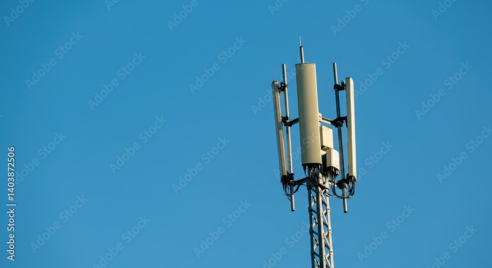 Telecommunication tower against clear blue sky with antennas and equipment Telecommunication tower against clear blue sky with antennas and equipment