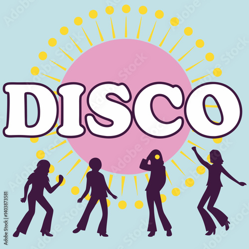 Retro 70s Disco Party Image - Dancing Silhouettes, Pink Circle and Yellow Dots on Light Blue Background for Fun 70s Disco Party Celebration