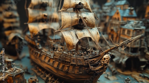 Detailed pirate ship with skull figurehead amidst miniature harbor scene. Diorama.