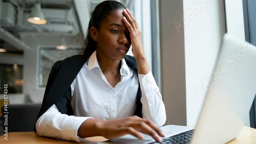 Frustrated, depressed woman in office working on laptop
