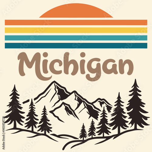 Michigan Retro Vintage Mountain Sunset Pine Trees Illustration