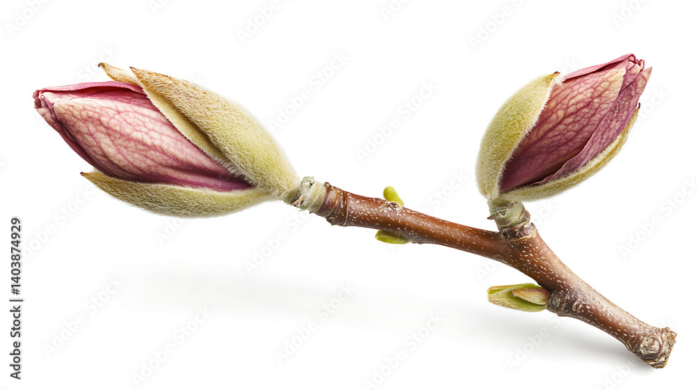 Spring magnolia buds on branch, isolated white background Spring magnolia buds on branch, isolated white background