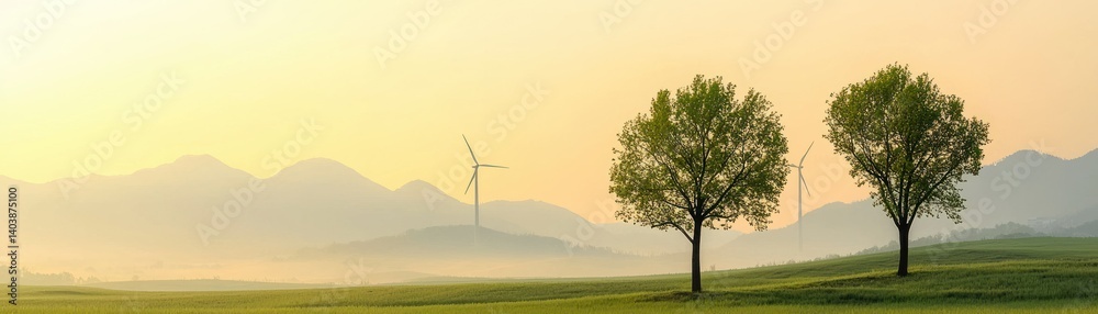 Fototapeta premium Two trees stand near mountains and wind turbines at dawn