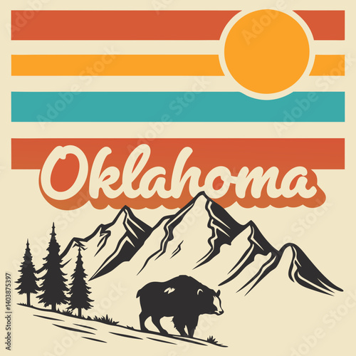 Vintage Oklahoma Travel Poster Bear Mountains Pine Trees Sun Art