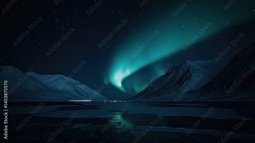 Magnificent aurora borealis illuminates a snowy mountainous landscape at night Magnificent aurora borealis illuminates a snowy mountainous landscape at night