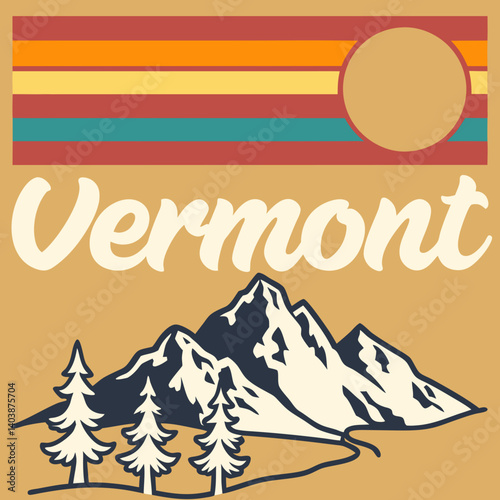 Vintage Retro Vermont Mountain Scene Pine Trees Travel Poster Art