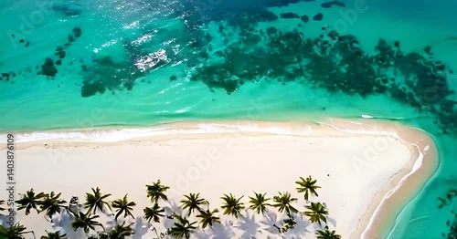 Aerial View of White Sand Beach with Palm Trees and Turquoise Sea