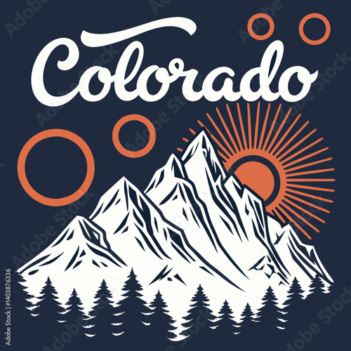 Colorado Mountain Scene Vector Graphic Retro Sun Pine Trees