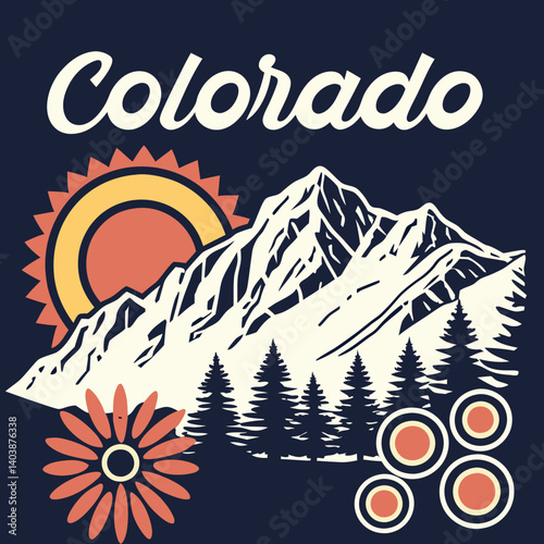 Colorado Vintage Retro Mountain Sun Trees Flower Vector Illustration