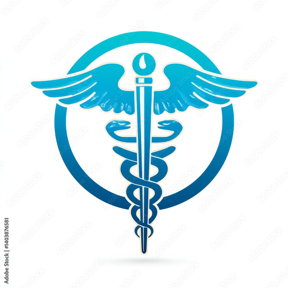 Blue Caduceus Symbol with a Circle: Symbol of Medicine and Health on a Clean White Background. Blue Caduceus Symbol with a Circle: Symbol of Medicine and Health on a Clean White Background.