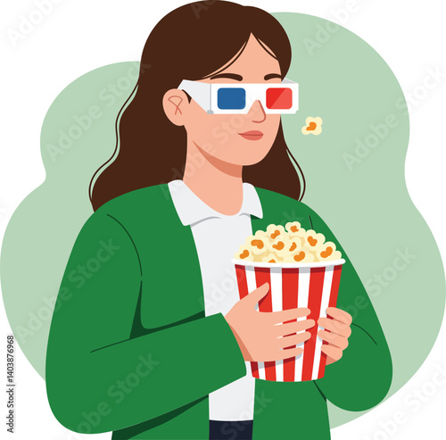 A young woman wearing 3D glasses holds a striped popcorn bucket while enjoying a movie in a flat vector illustration