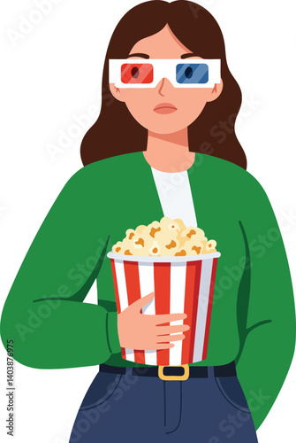 Young woman wearing 3D glasses holding a large popcorn bucket in a flat vector illustration, evoking a cinematic experience and excitement for film watching
