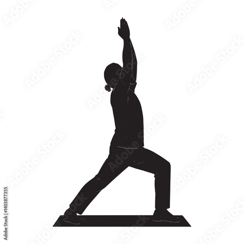 Black and white silhouette of an elderly man in Warrior I yoga pose with arms raised, standing on a mat, captured in a focused stance on a white background. Isolated vector design.